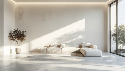 陽光あふれる高級インテリアの背景素材：白いソファと観葉植物が彩る静謐なリビングルーム
