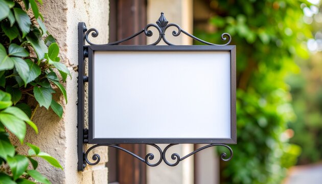 アンティーク調アイアン看板の屋外モックアップ：石壁と緑に囲まれたエレガントなサインボード - Powered by Adobe