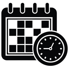 Black and white icon representing a calendar page, symbolizing time, scheduling, and organization.