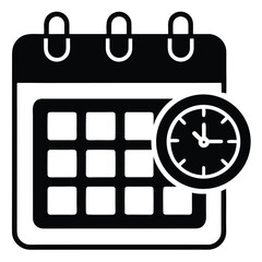 Black and white icon representing a calendar page, symbolizing time, scheduling, and organization.