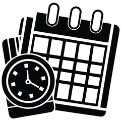 Black and white icon representing a calendar page, symbolizing time, scheduling, and organization.