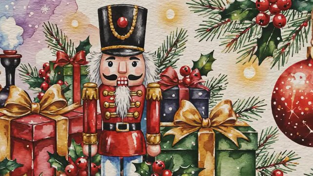 Festive watercolor illustration of a toy train nutcracker and wrapped gifts