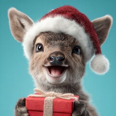 A joyful christmas elk: imagining the magic of holiday wonders. Creative concept. Joyous elk baby holding gift box amongst festive scenes. High resolution. Color background.