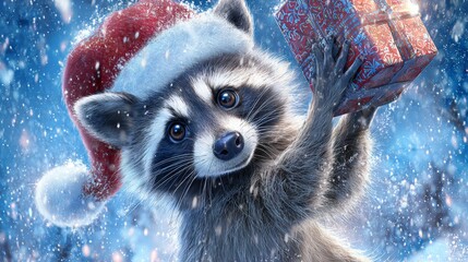 Festive raccoon baby spreads joy with a heartwarming christmas gift. Thriller poster. Raccoon's cheerful grin and santa cuteness on a charming christmas card. Blockbuster poster.