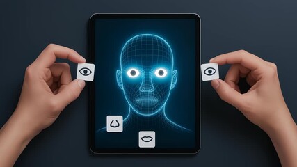 Facial recognition technology digital device with biometric security and identity verification highlighting ai deepfake risks and crimes modern - Powered by Adobe