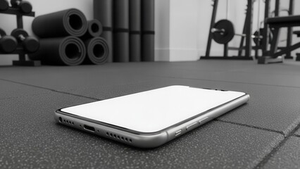 Smartphone mockup positioned on a gym floor with exercise mats and equipment in background