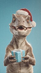 Holiday cheer with a friendly dinosaur: a unique christmas card illustration. Movie artwork. Festive baby dinosaur holding colorful box in a christmas wonderland. Hero poster.