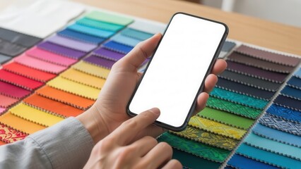Hand holding smartphone with blank screen over colorful fabric swatches on table