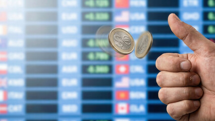 Coin flip above trading screen showing currency symbols and market data, dynamic motion and uncertainty in financial decision