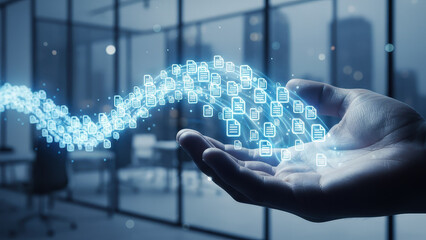 Digital document transfer flowing from open palm, glowing data stream conveying secure file sharing and cloud workflow efficiency