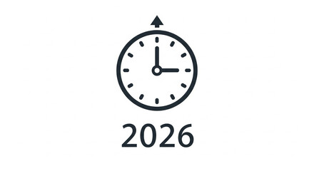 A clock icon with the year 2026 and an upward arrow indicating future time progress on a white background