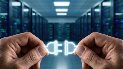 Hands connecting glowing plug icons in data center aisle conveying network connection and secure energy link emotional optimism