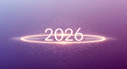 Glowing neon 2026 symbol with sparkling particles on purple background