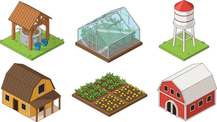 Set of isometric farm illustrations featuring a red barn, yellow farmhouse, glass greenhouse, water well, vegetable garden, and water tower for agriculture.