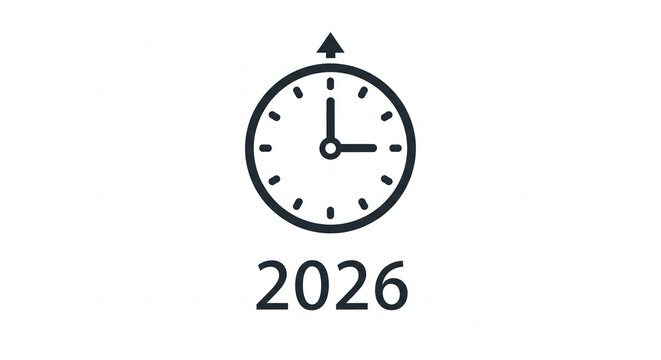 A clock icon with the year 2026 and an upward arrow indicating future time progress on a white background