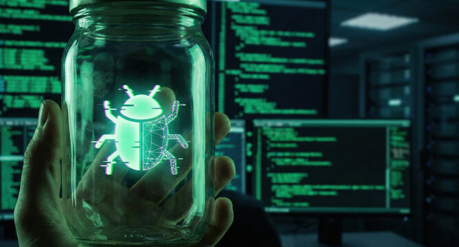 Digital bug trapped in jar glowing holographic insect in hacker workspace, eerie green light and code filled monitors create tense atmosphere - Powered by Adobe