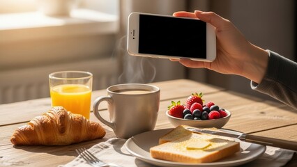 Hand holding smartphone with blank screen over cozy breakfast table with food
