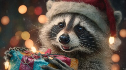 Festive raccoon baby spreads joy with a heartwarming christmas gift. Professional look. Raccoon's cheerful grin and santa cuteness on a charming christmas card. High resolution. Luxury style.