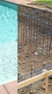Before and After Construction Transition of a Beautiful Pool On A Summer Day.