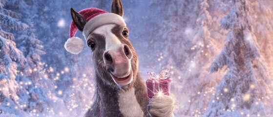 Adorable baby horse spreads holiday cheer with a toothsome grin. Fantasy poster. Cheerful horse foal grins with delight holding a red gift box. Action poster. Drama poster.