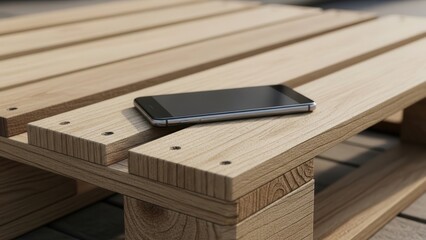 Side angle shot of a smartphone mockup on a wooden pallet used as a table