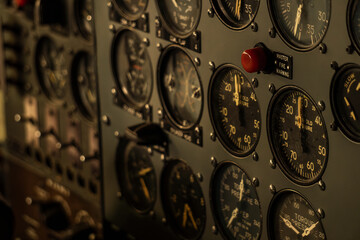 Vintage Aircraft Cockpit Gauges and Dials Close-up.