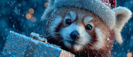 Red panda christmas wishes: smiles and gifts to warm your heart. Epic poster. Whimsical holiday panda: a vibrant christmas card delight. Poster illustration. Scifi poster.