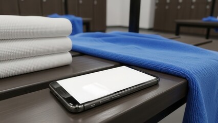 Smartphone with empty display placed on a gym locker room bench with towels