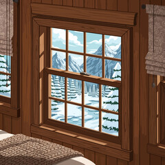 Fototapeta premium Cozy wooden cabin interior view showing snow-covered mountains and trees through a large window in