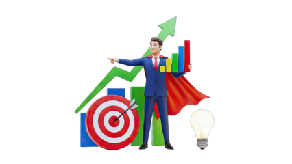 Superhero Businessman Points Towards Growth and Success