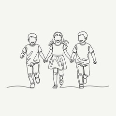 Happy Children Running Hand in Hand in Continuous Line Art Style. Minimalist One Line Drawing Illustrating Friendship, Unity, and Childhood Joy.