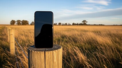 Smartphone with blank screen mockup placed on a wooden fence post in a field