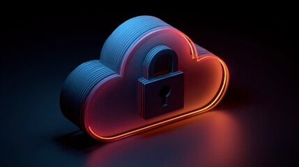 A 3D rendered cloud icon, outlined in orange, with a padlock, symbolizing digital security, set against a dark background with blue accents