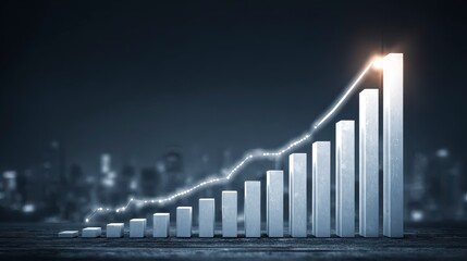 A 3D graph illustrates financial growth over a dark city skyline, with ascending bars and a glowing line