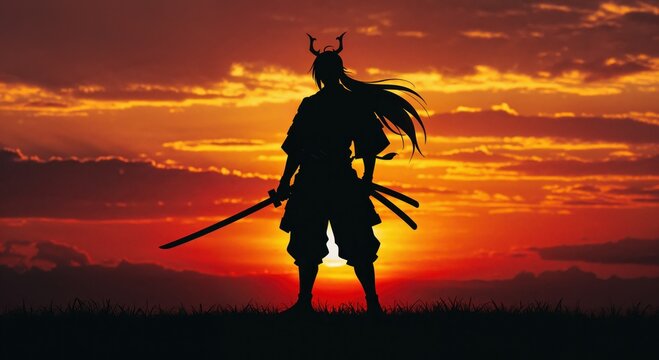 Samurai Silhouette at Sunset: An evocative silhouette of a stoic samurai, sword in hand, stands poised against a vibrant sunset, embodying strength, honor, and the spirit of a warrior. 