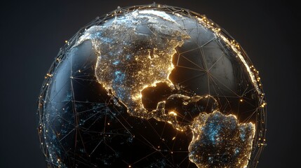 A 3D rendered globe, partially lit with city lights, overlaid with a network grid on a dark background