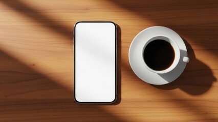Minimalist flat lay of a blank phone mockup and a coffee cup on a wooden desk in morning sunlight