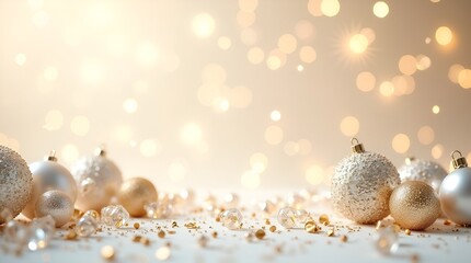Elegant white-and-gold holiday background with subtle light gradients, shimmering gold confetti, graceful ornaments, refined festive mood