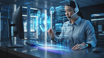 Asian Woman Interacting with Futuristic Holographic Interface in a Tech-Driven Environment - Powered by Adobe