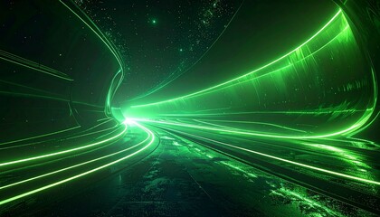 _Dark backdrop features vibrant green neon curves. Bright light radiates from central