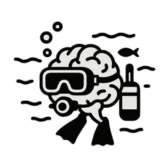Icon "Deep Work": a brain scuba diving with gear into an ocean of focus.