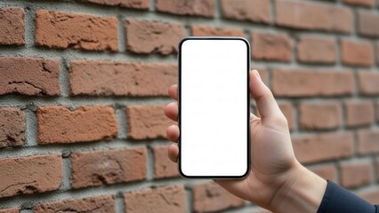 Hand holding a smartphone with pristine white screen against a textured brick wall interior