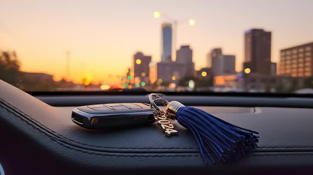 Car Key Fob on Dashboard at Sunset With City Skyline