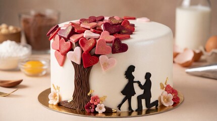 Valentine cake with heart tree and romantic couple silhouette decoration