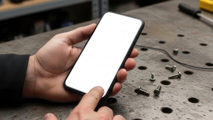 Hand holding smartphone with blank screen over industrial metal table in workshop