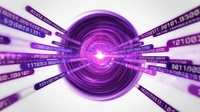 A vibrant purple circle with a bright pink center radiates from the center, surrounded by streaks of purple code on a white background