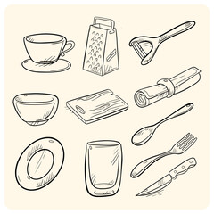 Kitchen Utensils and Tableware Doodle Set