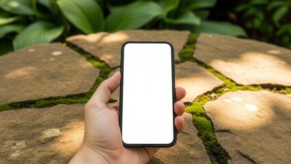 Hand holding smartphone with blank screen over rustic stone table in garden