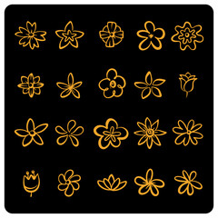 Simple Minimalist Gold Floral and Flower Doodles on Black Background