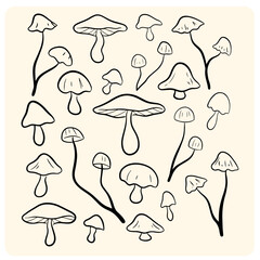 Various Hand-Drawn Wild Mushroom Doodles and Sketches
